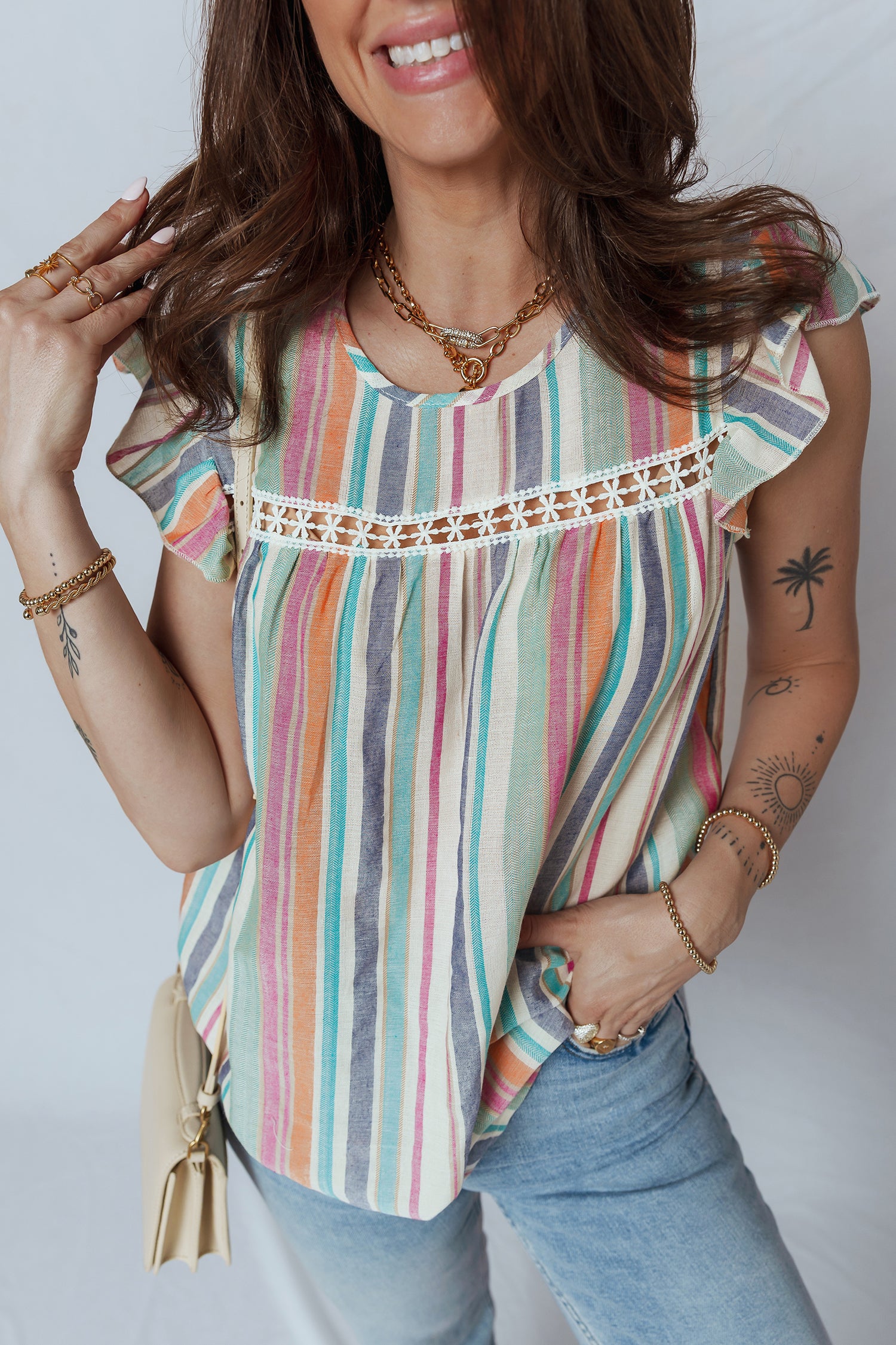 Light Blue Lace Hollow-out Insert Flutter Sleeve Striped Blouse-Tops/Blouses & Shirts-[Adult]-[Female]-2022 Online Blue Zone Planet