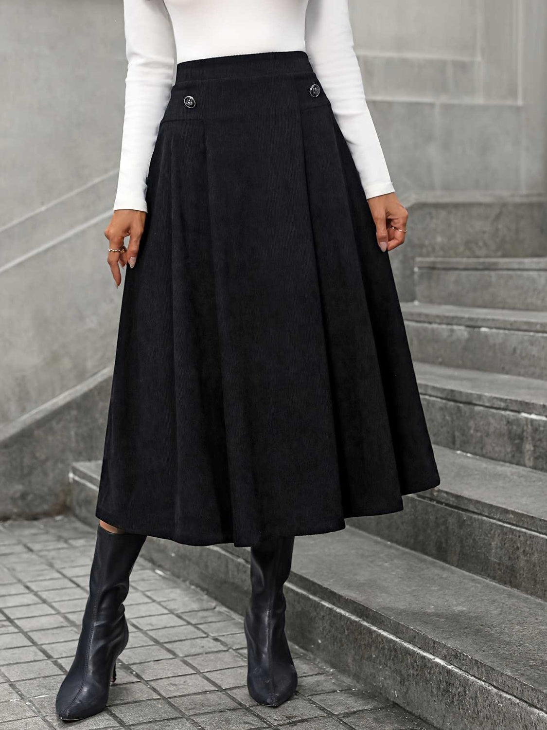 Decorative Button Ruched Midi Skirt-BOTTOMS SIZES SMALL MEDIUM LARGE-[Adult]-[Female]-Black-S-2022 Online Blue Zone Planet