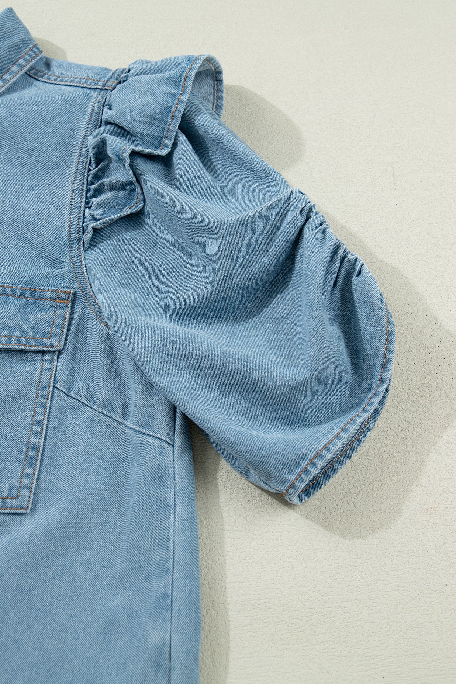 Myosotis Ruffle Detail Short Puff Sleeve Button Down Flap Pocket Denim Shirt-Tops/Blouses & Shirts-[Adult]-[Female]-2022 Online Blue Zone Planet