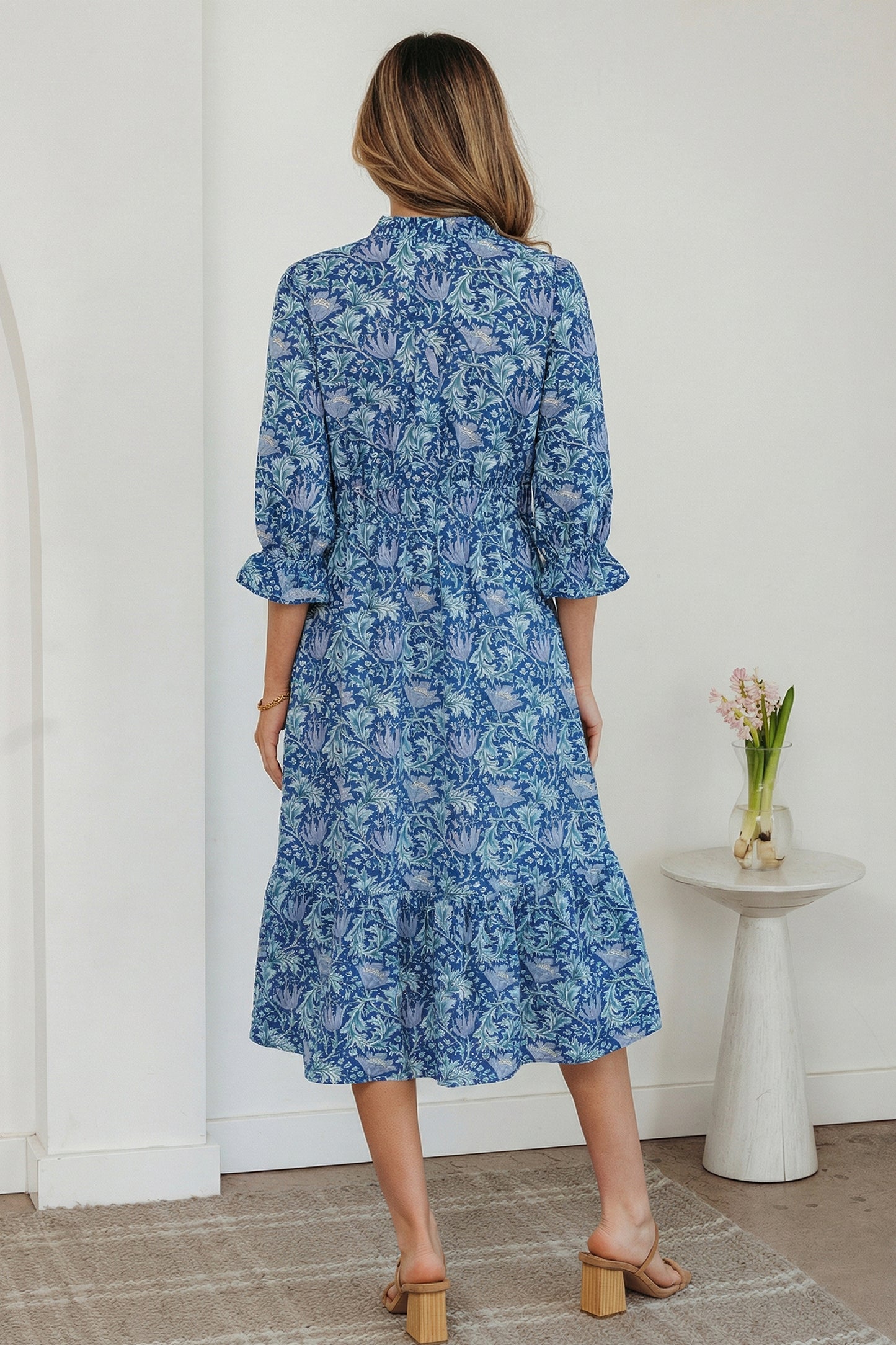 Brown Floral Printed Frilled V Neck Bracelet Sleeve Long Dress-Bracelet-[Adult]-[Female]-2022 Online Blue Zone Planet