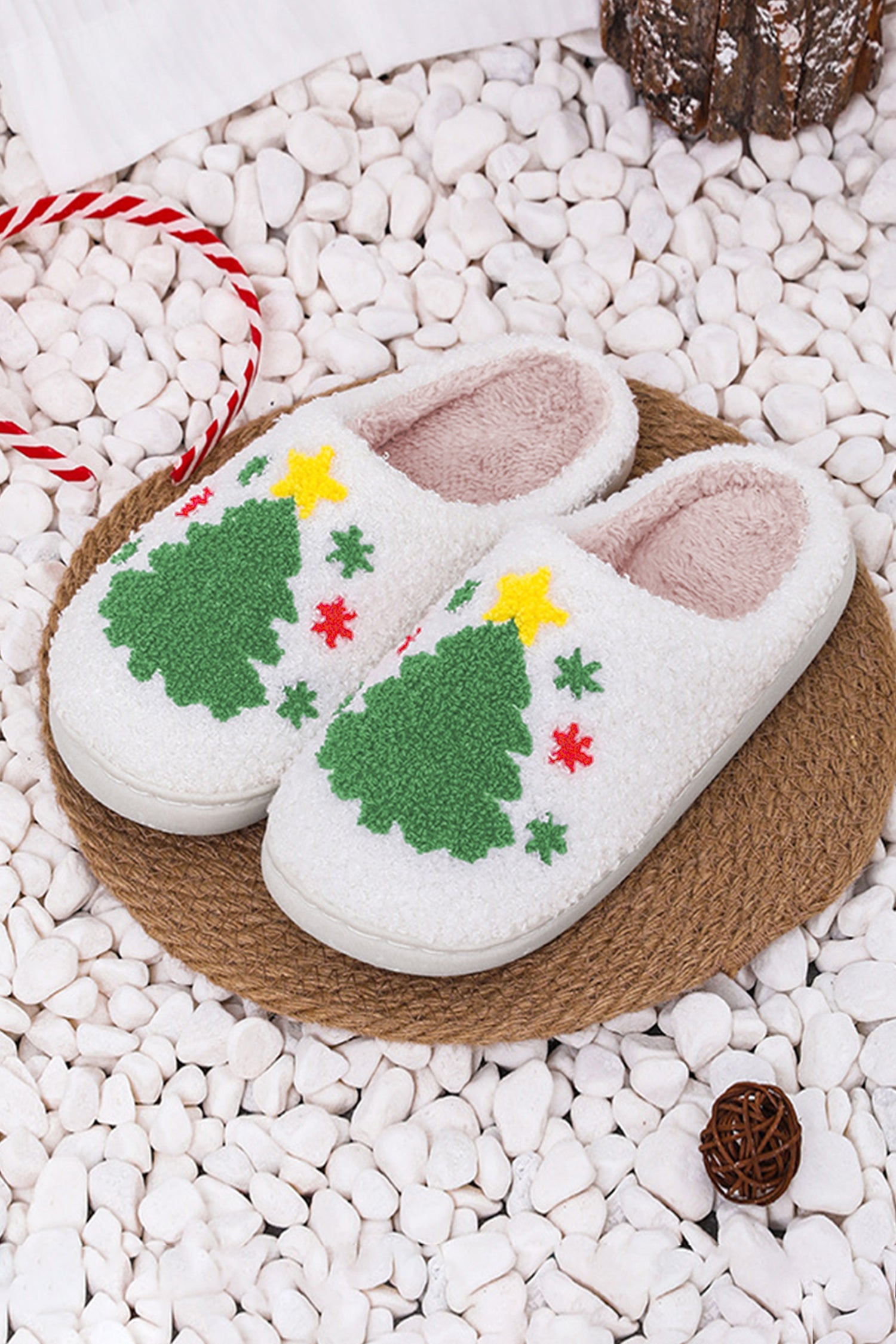 Blue Zone Planet | White Fuzzy Christmas Tree Pattern Home Slippers-Shoes & Bags/Slippers-[Adult]-[Female]-2022 Online Blue Zone Planet