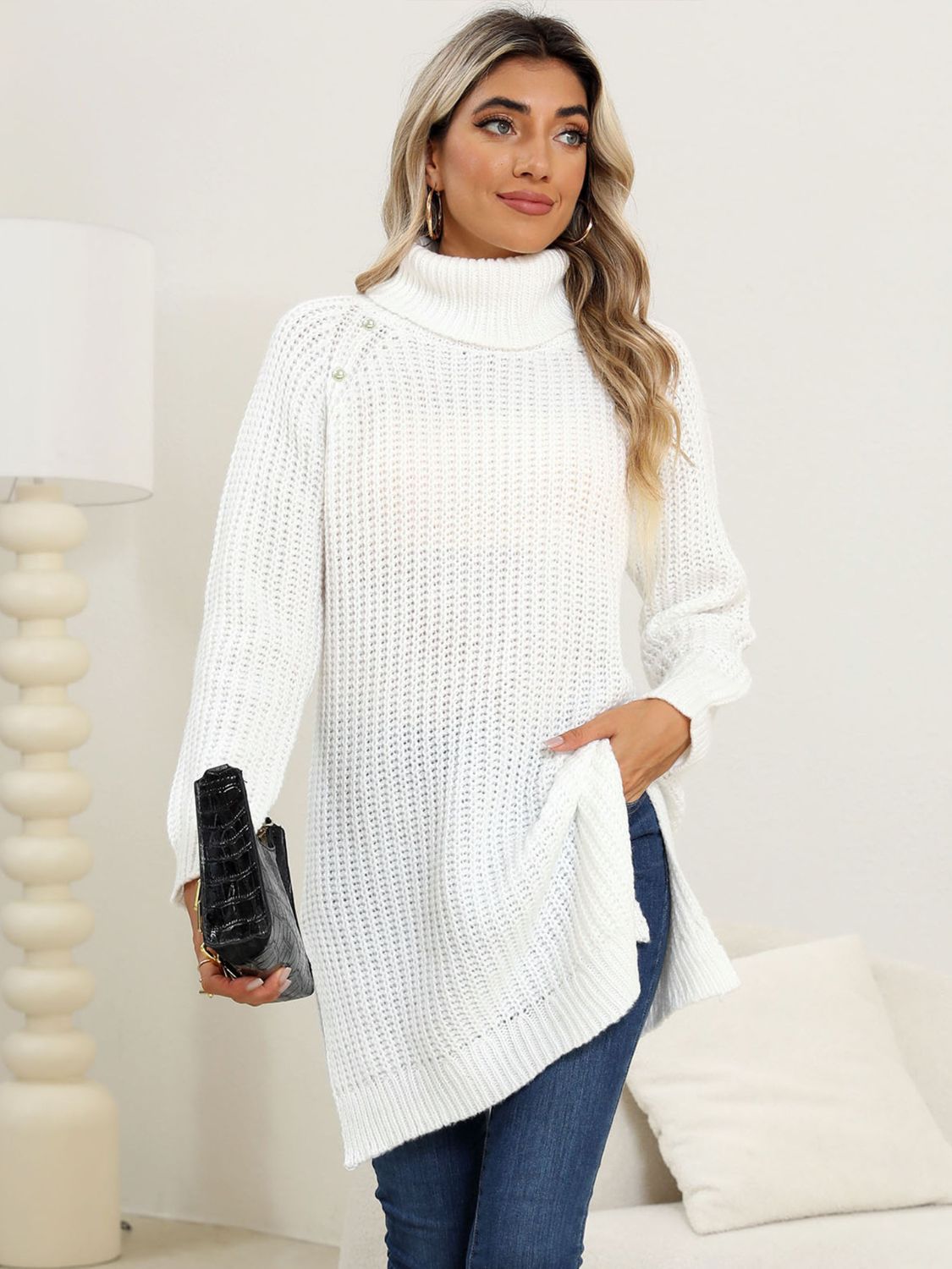 Slit Turtleneck Long Sleeve Sweater-TOPS / DRESSES-[Adult]-[Female]-2022 Online Blue Zone Planet