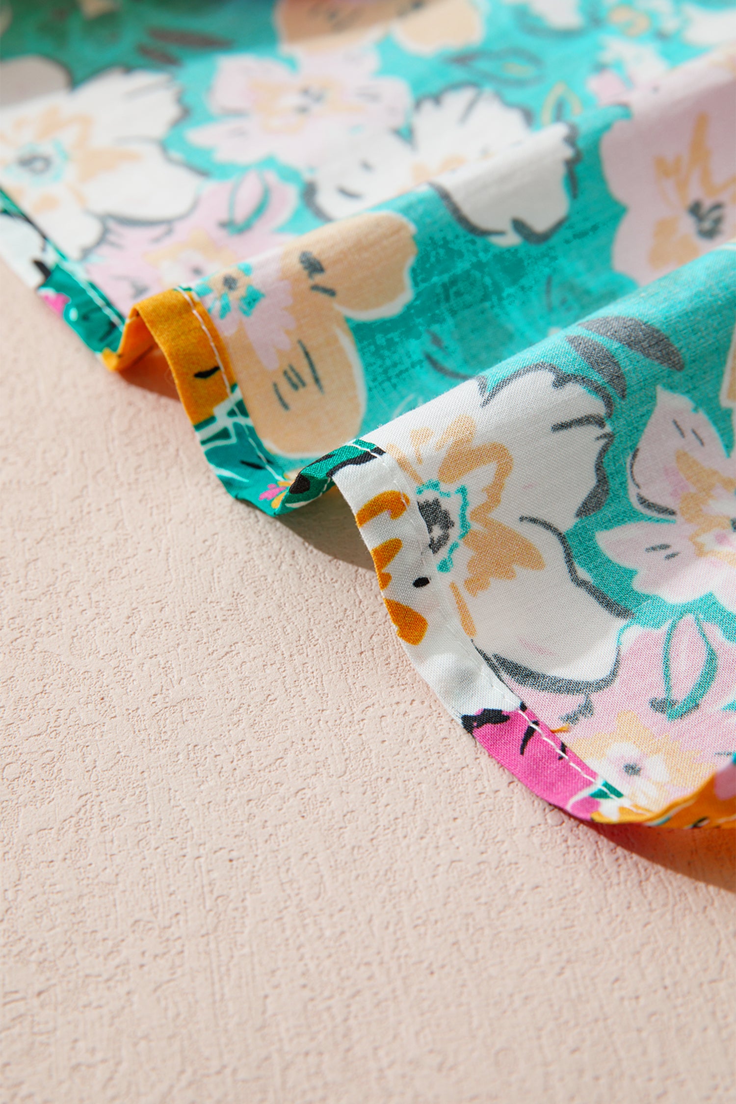 Green Floral Print Contrast Trim Frilled V Neck 3/4 Sleeve Blouse-Tops/Blouses & Shirts-[Adult]-[Female]-2022 Online Blue Zone Planet