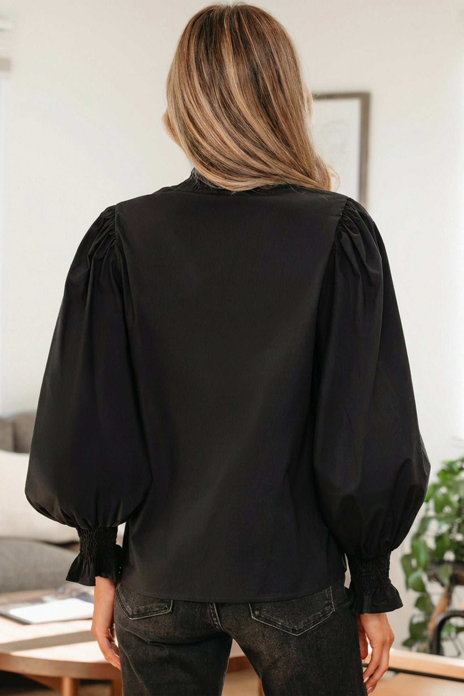 Black Puffy Flounce Sleeve Leopard Trim V Neck Blouse-Tops/Blouses & Shirts-[Adult]-[Female]-2022 Online Blue Zone Planet