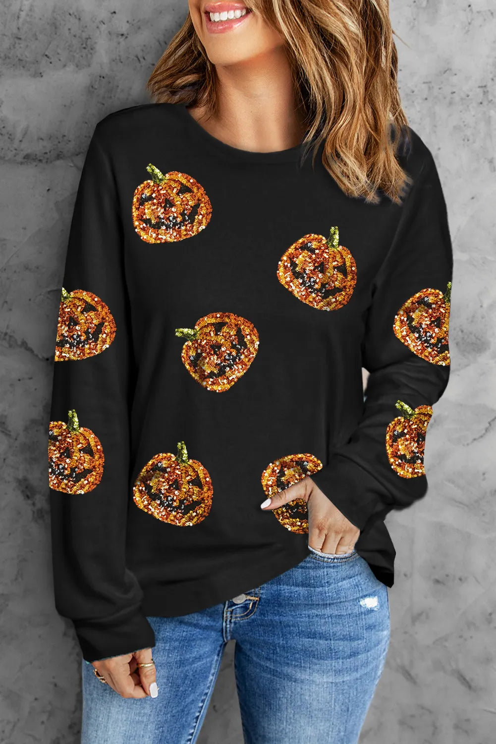 Blue Zone Planet | Sequin Pumpkin Round Neck Long Sleeve Top-TOPS / DRESSES-[Adult]-[Female]-Black-S-2022 Online Blue Zone Planet