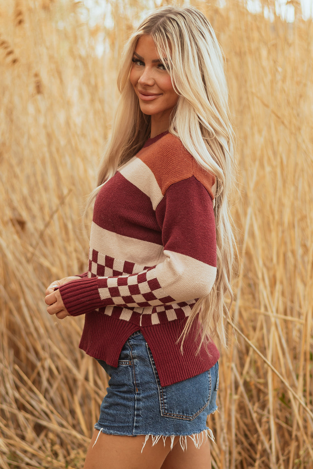 Brown Checkered Color Block Knitted Drop Shoulder Sweater-TOPS / DRESSES-[Adult]-[Female]-2022 Online Blue Zone Planet