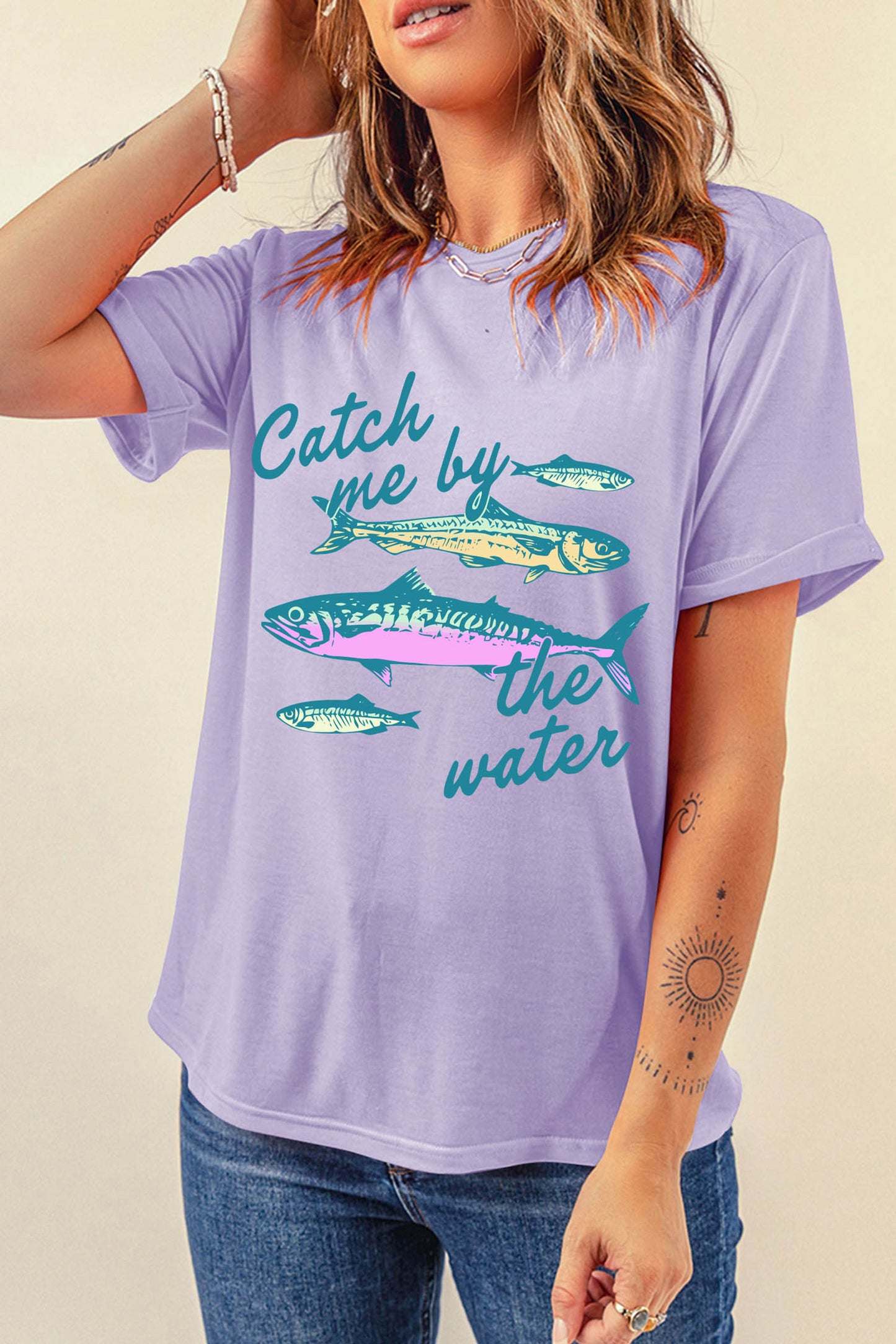 Orchid Petal Catch Me By The Water Fishes Printed T Shirt