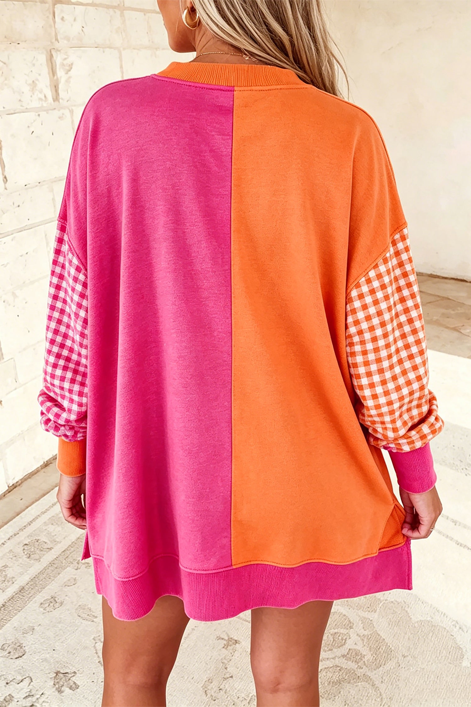 Rose Red Colorblock Gingham Sleeve Crewneck Sweatshirt-Tops/Sweatshirts & Hoodies-[Adult]-[Female]-2022 Online Blue Zone Planet