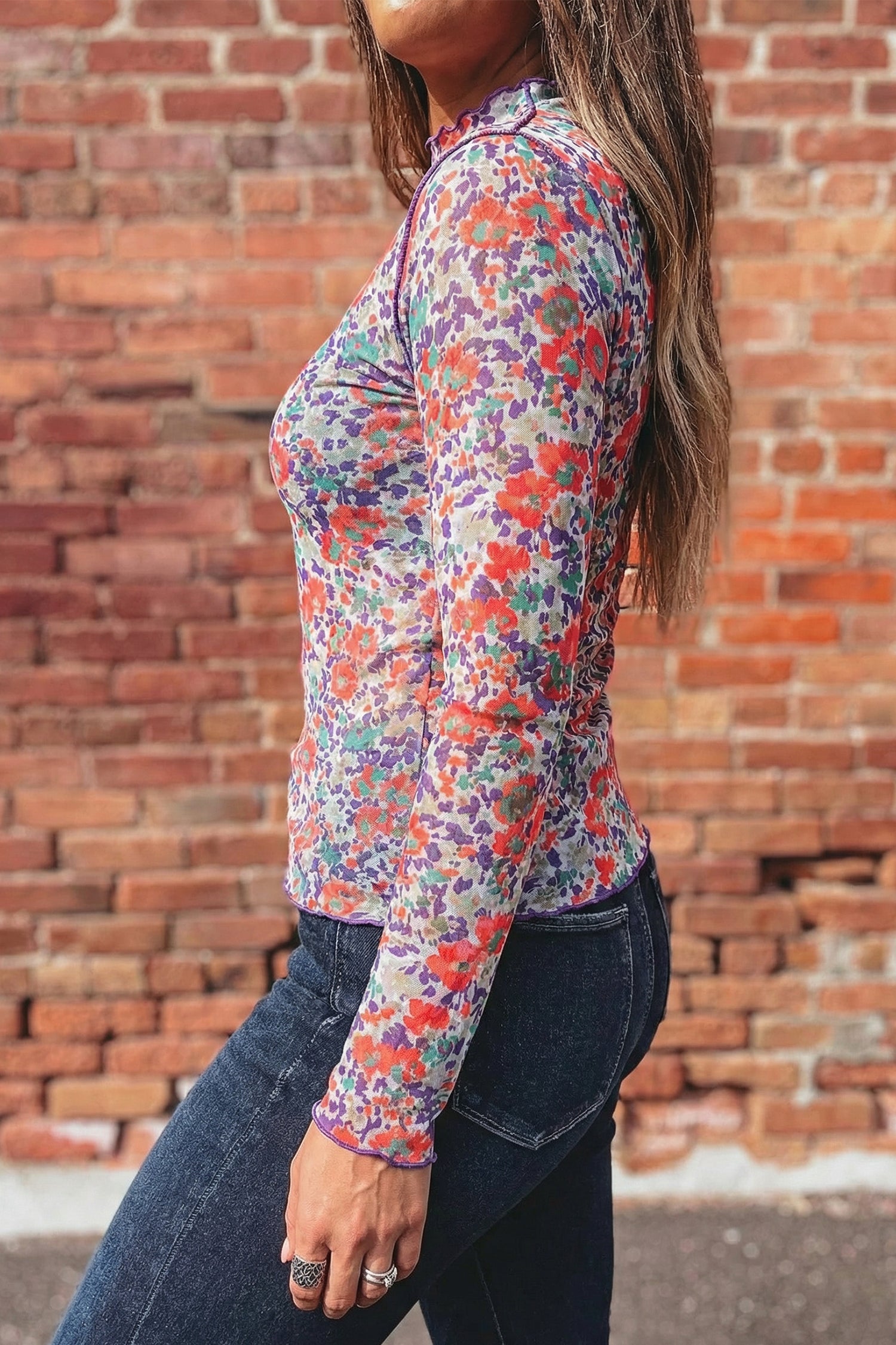 Smoke Gray Floral Print Slim Fit Mesh Long Sleeve Mock Neck Top-Tops/Long Sleeve Tops-[Adult]-[Female]-2022 Online Blue Zone Planet