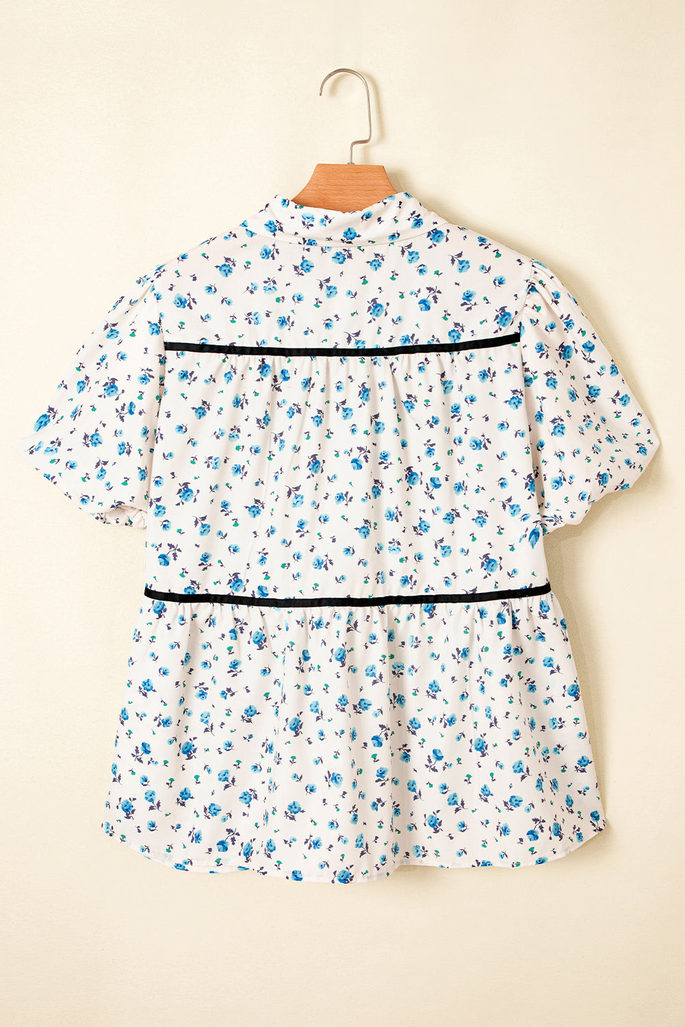 White Contrast Trim Floral Puff Short Sleeve Shirt-Tops/Blouses & Shirts-[Adult]-[Female]-2022 Online Blue Zone Planet