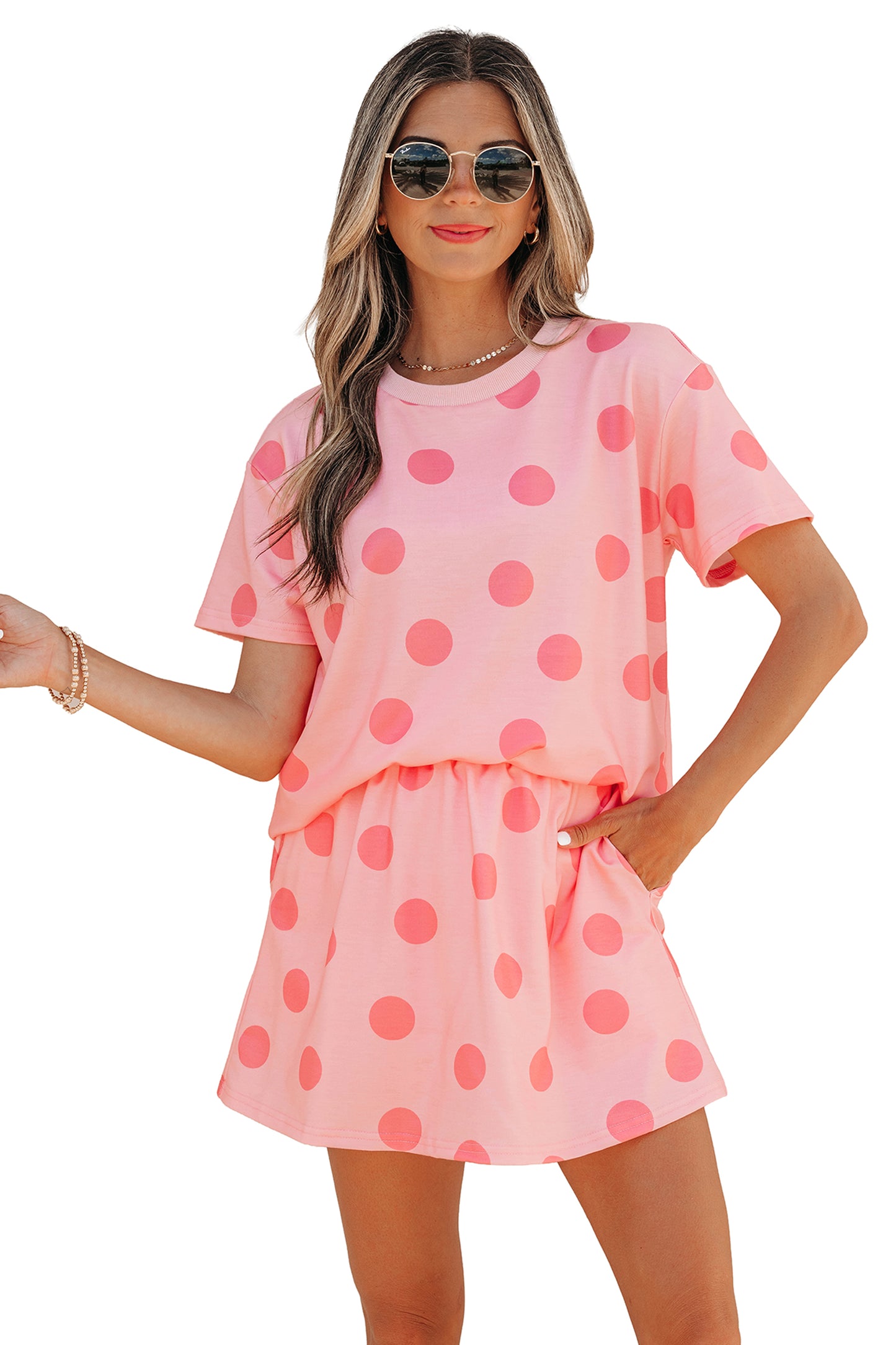 White Polka Dot Short Sleeve Top Casual Skort 2pcs Outfit-Two Piece Sets/Two Piece Dresses-[Adult]-[Female]-2022 Online Blue Zone Planet