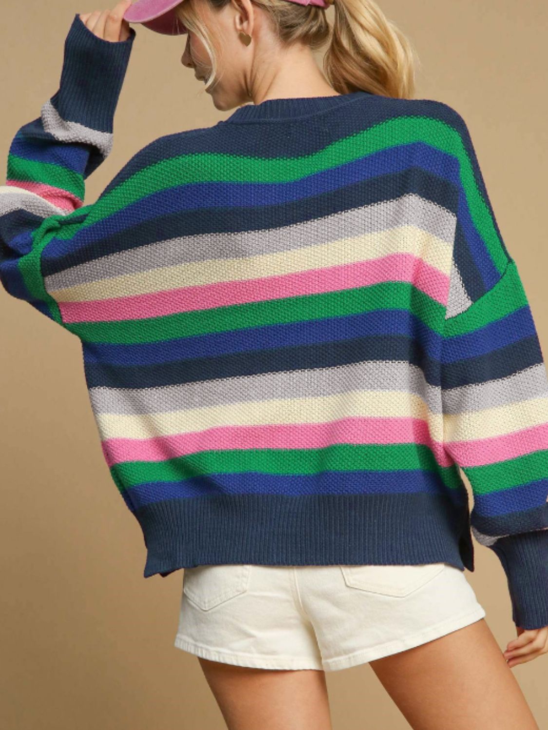 Blue Zone Planet | Contrast Striped Round Neck Long Sleeve Sweater-TOPS / DRESSES-[Adult]-[Female]-2022 Online Blue Zone Planet