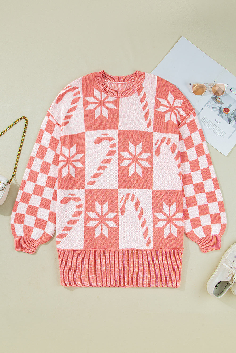 Pink Candycane Snowflake Checker Christmas Holiday Drop Shoulder Tunic Loose Sweater-Sweaters & Cardigans/Sweaters-[Adult]-[Female]-2022 Online Blue Zone Planet