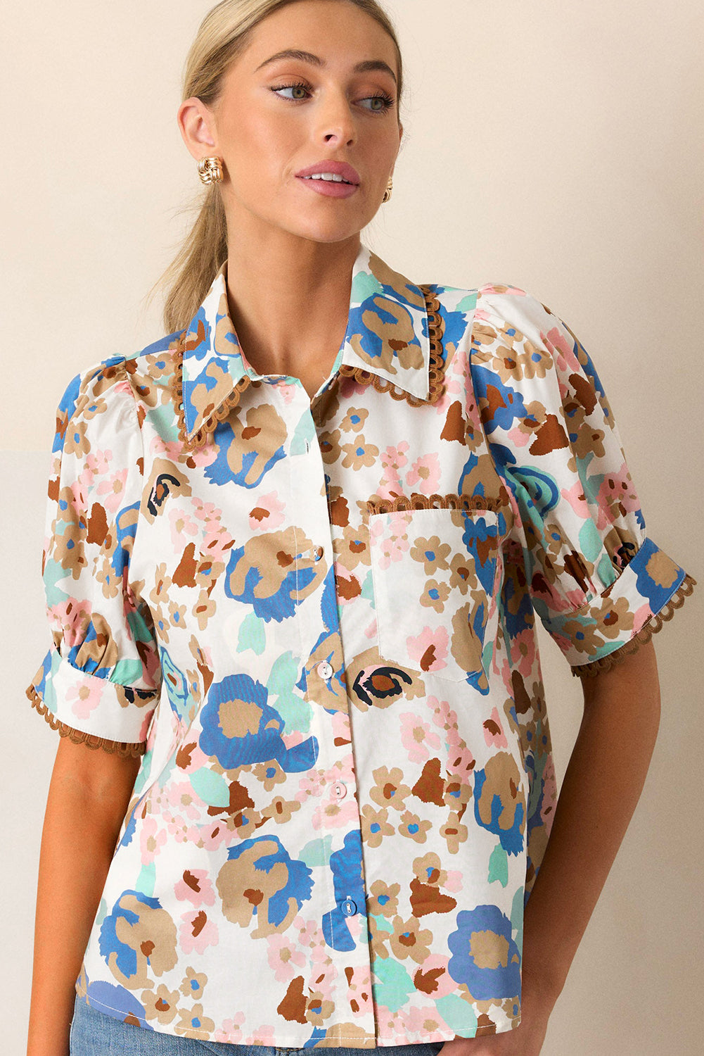 Multicolour Floral Print Ricrac Trim Collared Puff Short Sleeve Shirt-Tops/Blouses & Shirts-[Adult]-[Female]-2022 Online Blue Zone Planet