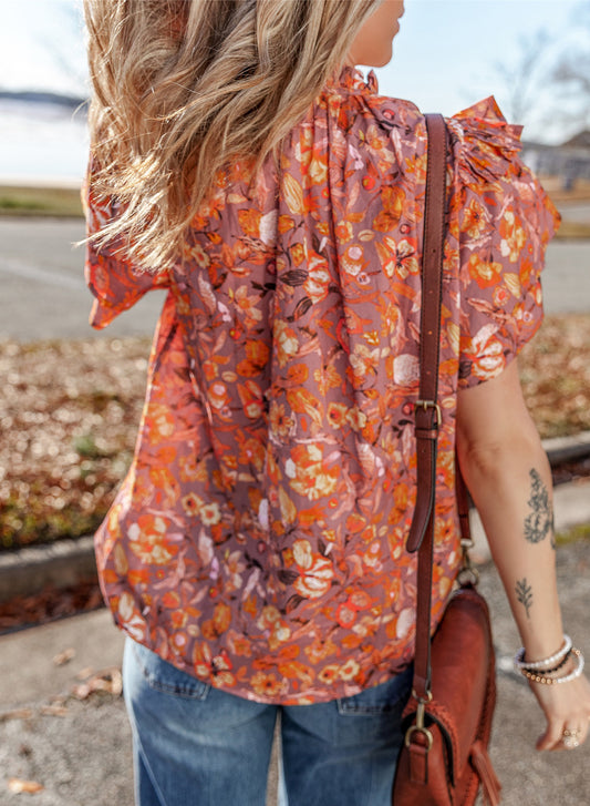 Orange Floral Print Ruffled Flutter Sleeve Frilled V Neck Blouse-Tops/Blouses & Shirts-[Adult]-[Female]-2022 Online Blue Zone Planet