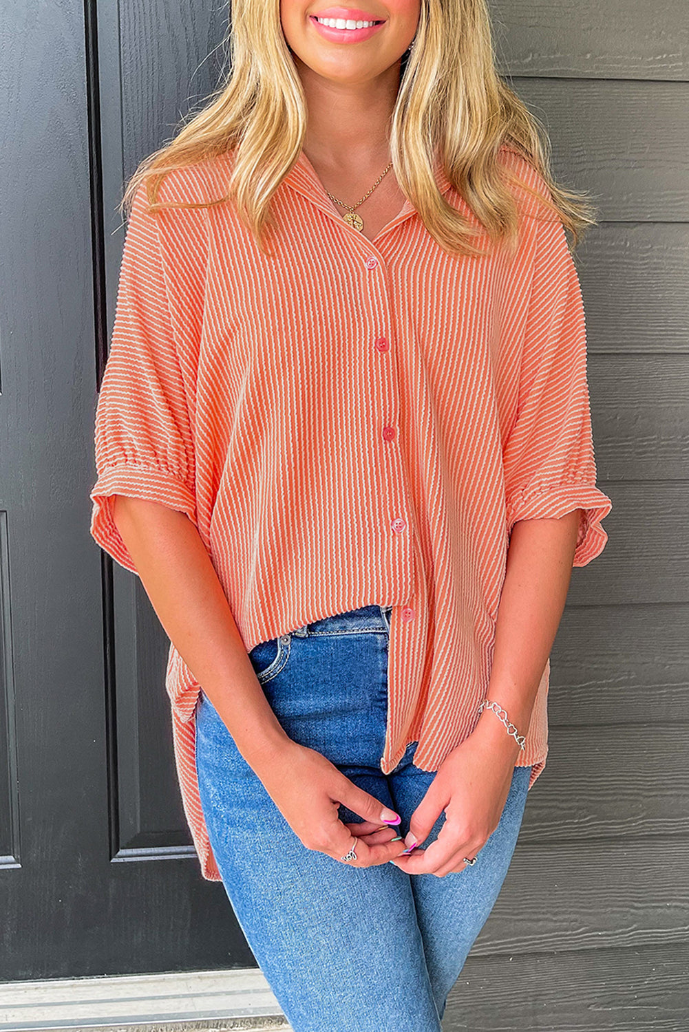Grapefruit Orange Corded Half Sleeve Button Up High Low Hem Loose Shirt-Tops/Blouses & Shirts-[Adult]-[Female]-2022 Online Blue Zone Planet