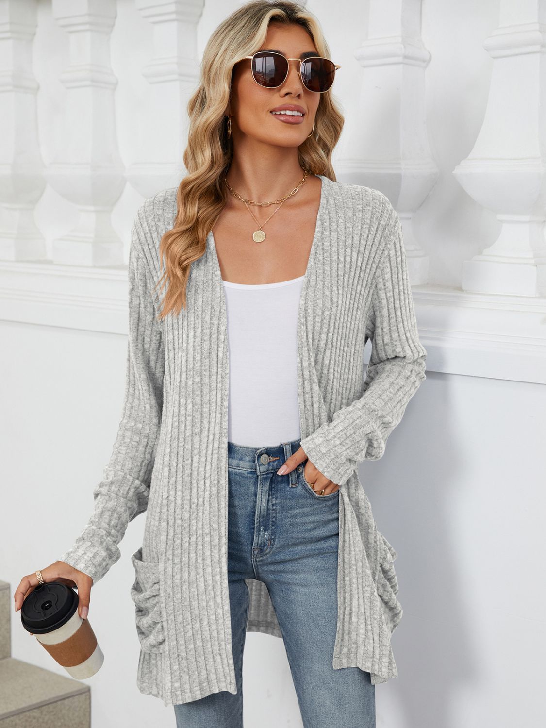 Blue Zone Planet | Pocketed Open Front Long Sleeve Cardigan-TOPS / DRESSES-[Adult]-[Female]-Light Gray-S-2022 Online Blue Zone Planet