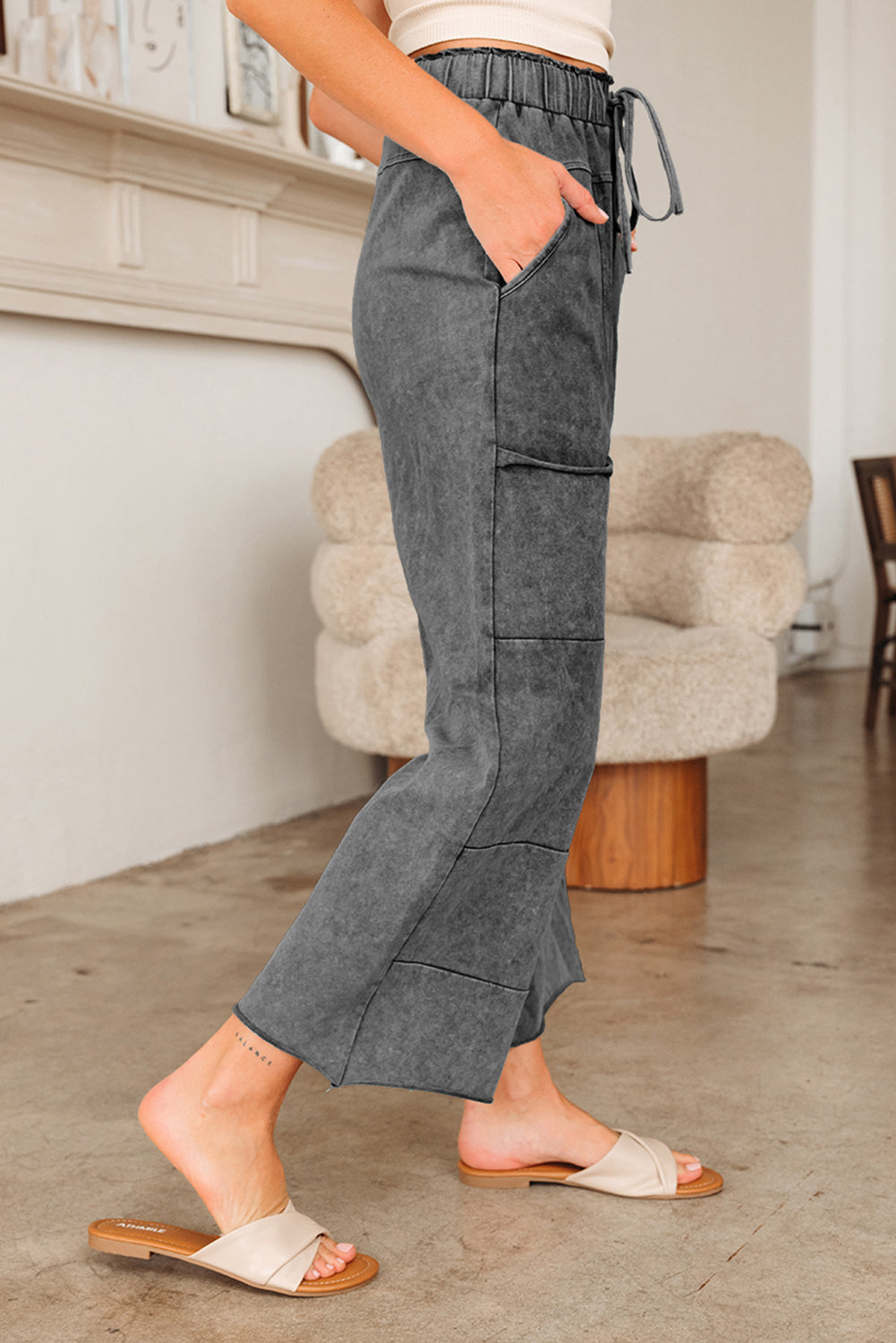 Medium Grey Mineral Wash Lace-Up High Waist Raw Hem Patched Pocket Pants-Bottoms/Pants & Culotte-[Adult]-[Female]-2022 Online Blue Zone Planet