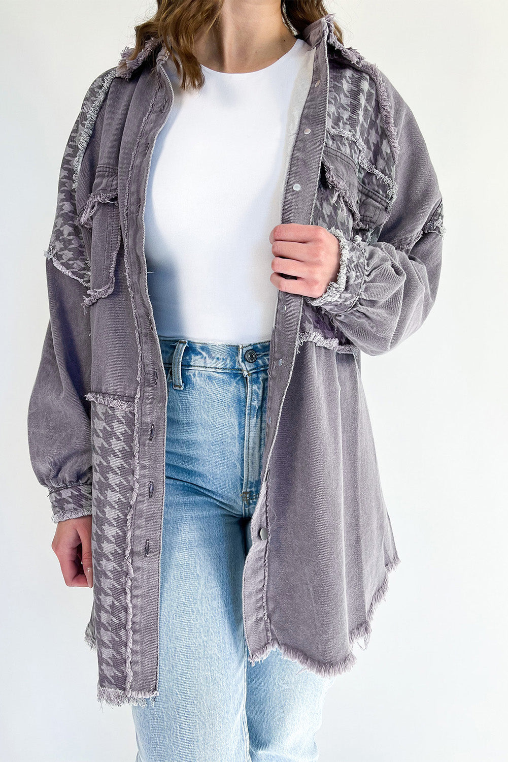 Blue Zone Planet | Medium Grey Retro Distressed Houndstooth Patchwork Denim Jacket-Outerwear/Denim jackets-[Adult]-[Female]-Medium Grey-S-2022 Online Blue Zone Planet