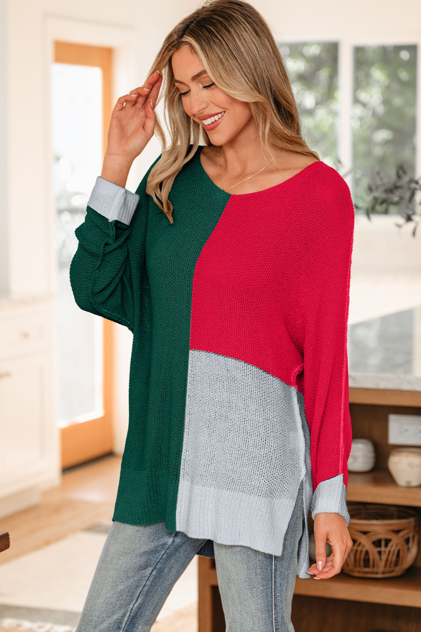 Evergreen Color Block Knit V Neck Loose Sweater-TOPS / DRESSES-[Adult]-[Female]-2022 Online Blue Zone Planet