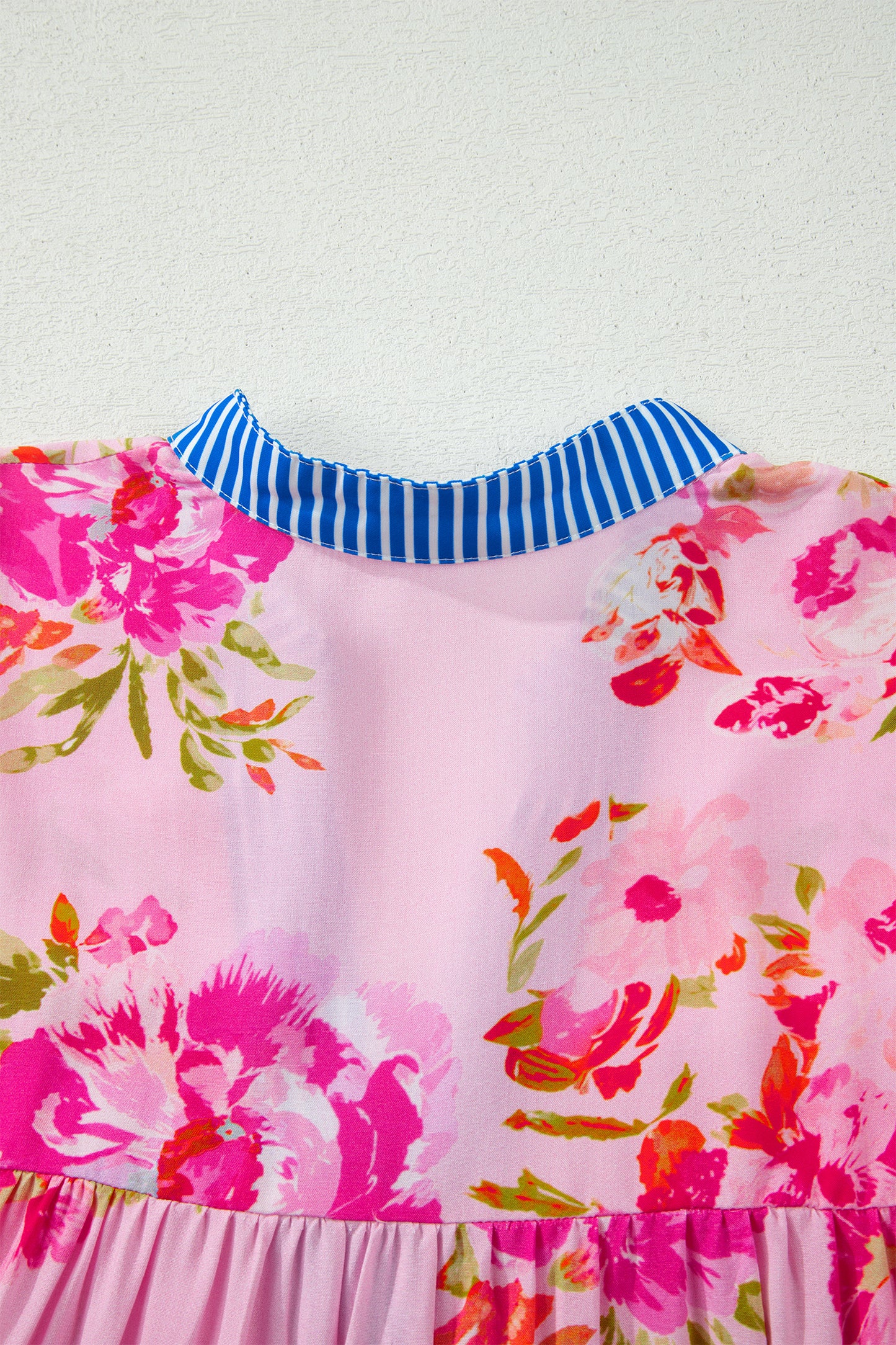 Multicolour Floral Half Sleeve Striped Trim V Neck Blouse-Tops/Blouses & Shirts-[Adult]-[Female]-2022 Online Blue Zone Planet