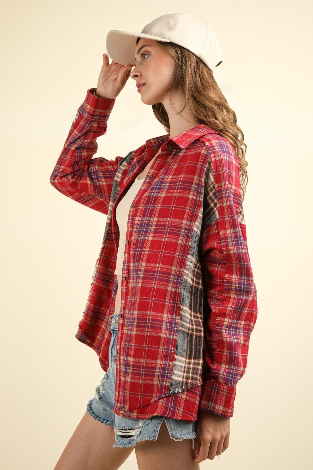 VERY J Contrast Plaid Raw Detail Shirt-TOPS / DRESSES-[Adult]-[Female]-2022 Online Blue Zone Planet