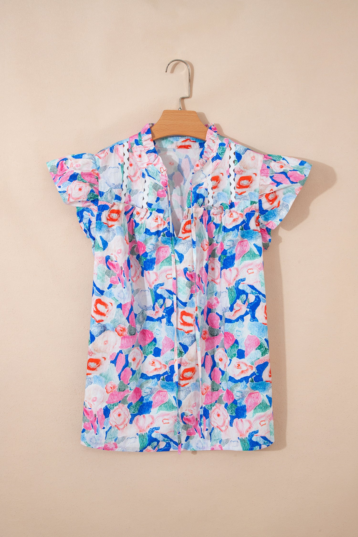 Pink Floral Print Tie V Neck Contrast Detail Ruffle Short Sleeve Blouse-Tops/Blouses & Shirts-[Adult]-[Female]-2022 Online Blue Zone Planet