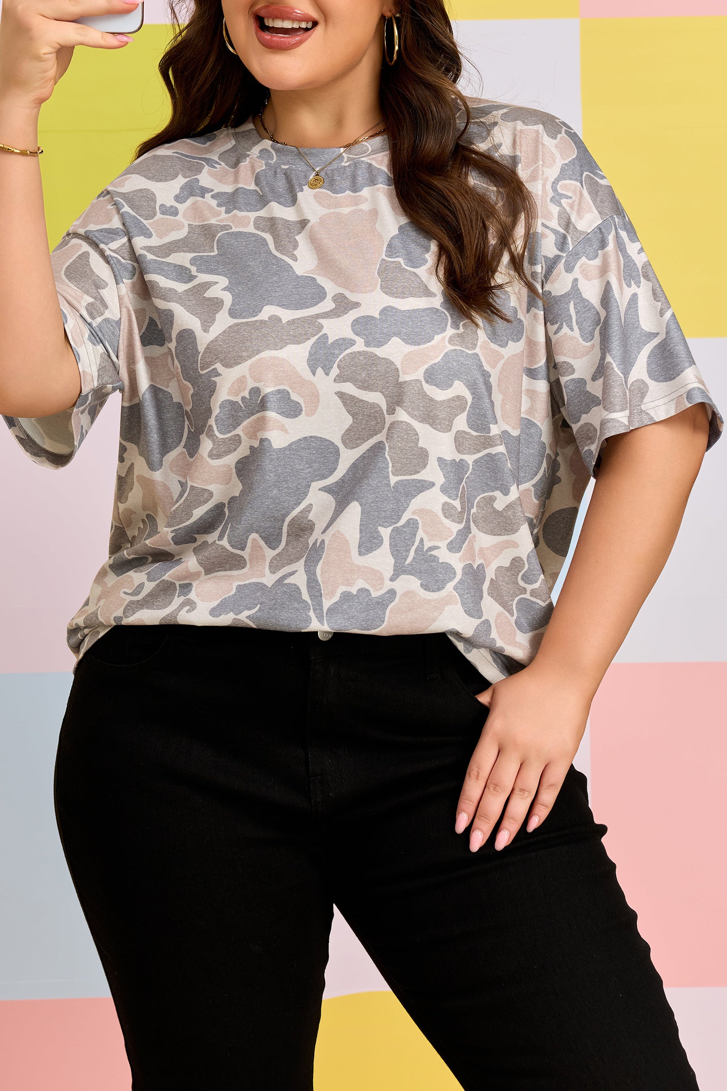 Multicolour Retro Camouflage Print Plus Size T Shirt-Plus Size/Plus Size Tops/Plus Size Tops & Tees-[Adult]-[Female]-2022 Online Blue Zone Planet