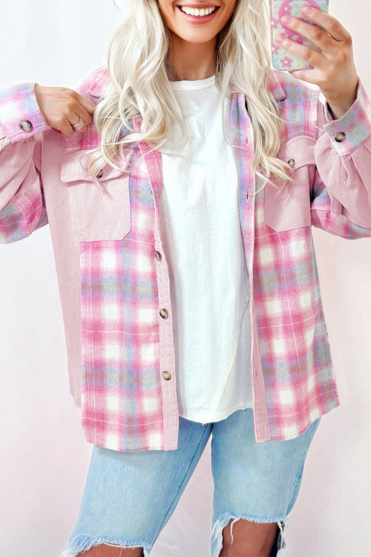 Pink Brushed Plaid Corduroy Flap Pockets Patchwork Shacket-Outerwear/Plaid Shackets-[Adult]-[Female]-2022 Online Blue Zone Planet