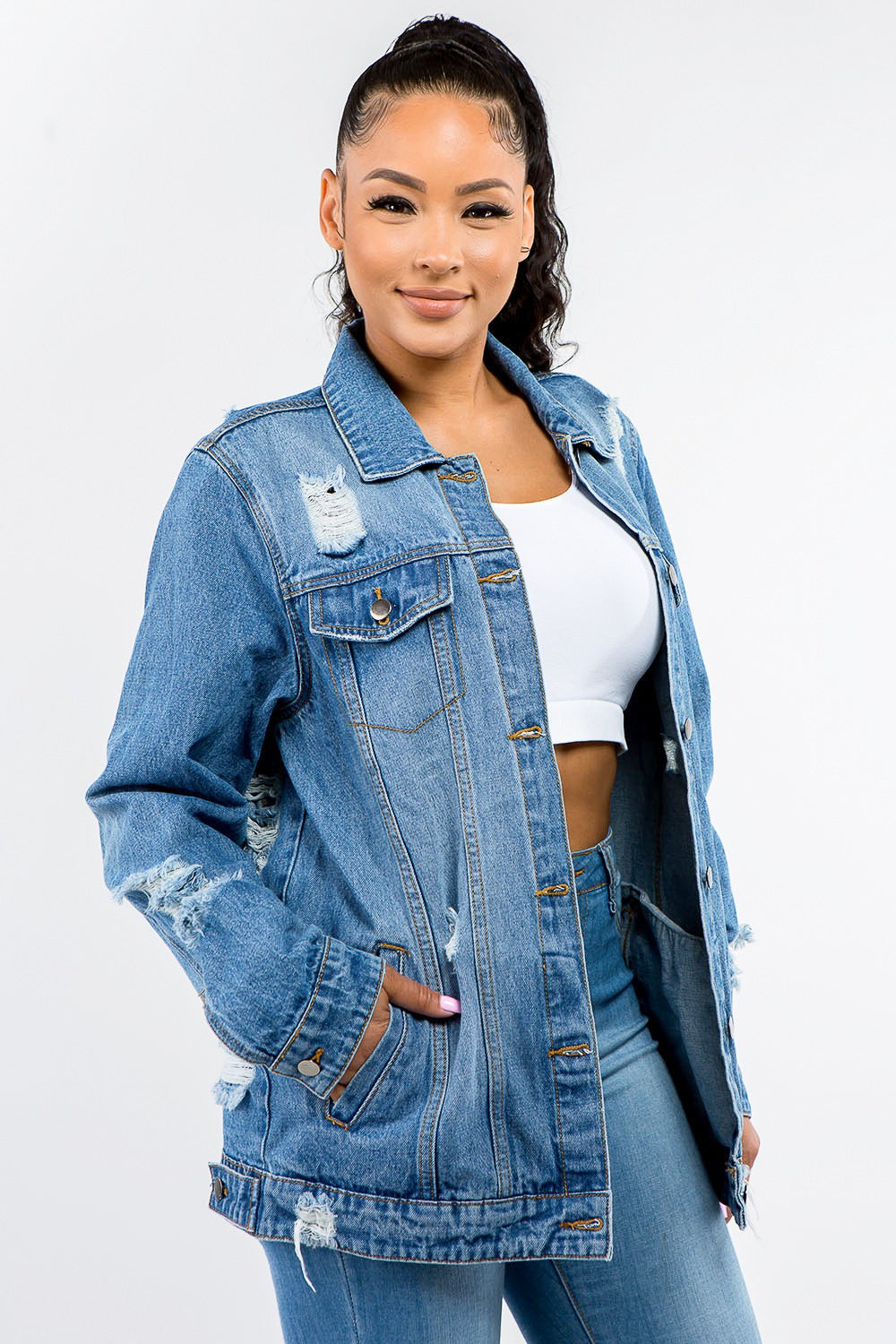 American Bazi Full Size Button Up Distressed Denim Jacket-TOPS / DRESSES-[Adult]-[Female]-2022 Online Blue Zone Planet