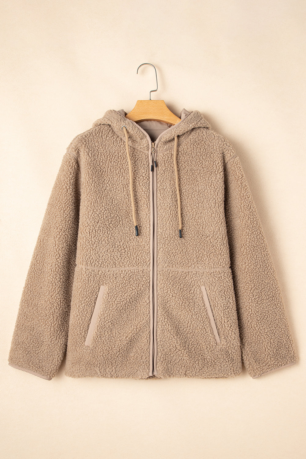 Blue Zone Planet | Pale Khaki Fleece Zip Up Drawstring Hooded Pocketed Jacket-Outerwear/Jackets-[Adult]-[Female]-2022 Online Blue Zone Planet