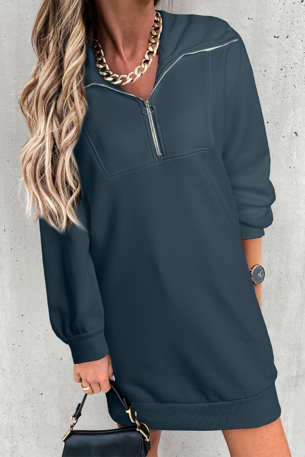 Half Zip Dropped Shoulder Mini Sweatshirt Dress-TOPS / DRESSES-[Adult]-[Female]-Deep Teal-S-2022 Online Blue Zone Planet