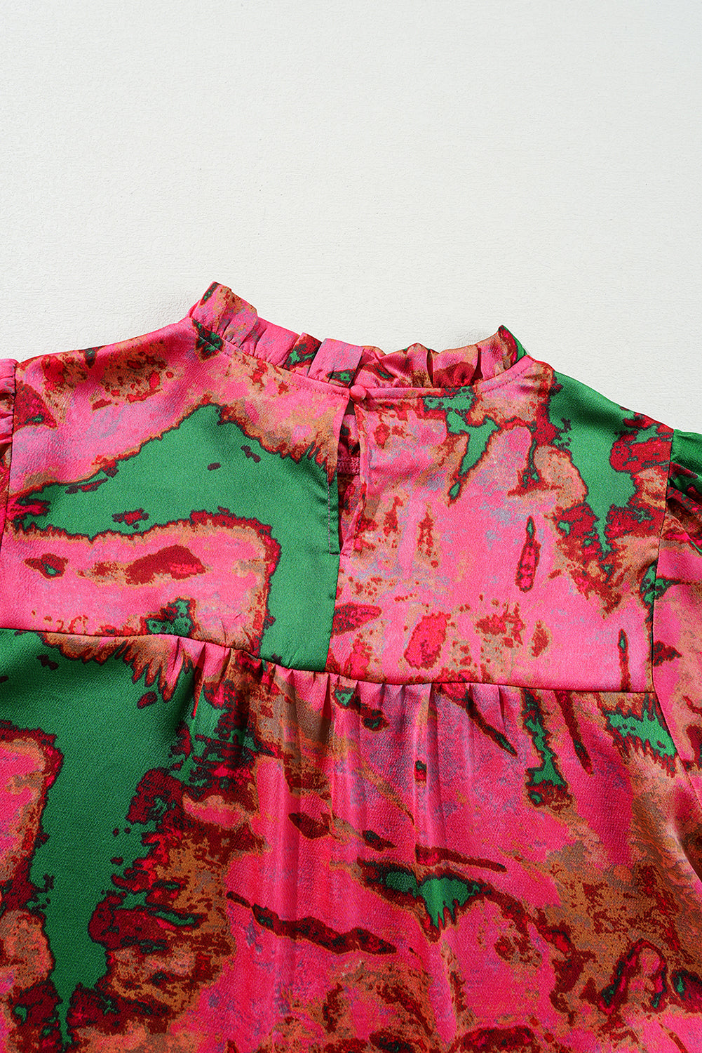 Blue Zone Planet | Rose Abstract Print Frilly Neckline Puff Sleeve Blouse-Tops/Blouses & Shirts-[Adult]-[Female]-2022 Online Blue Zone Planet