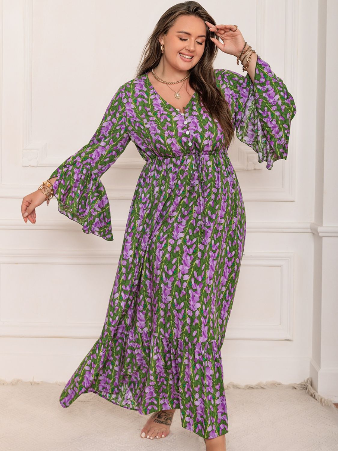 Blue Zone Planet | Plus Size Printed V-Neck Long Sleeve Maxi Dress-TOPS / DRESSES-[Adult]-[Female]-Mauve-0XL-2022 Online Blue Zone Planet