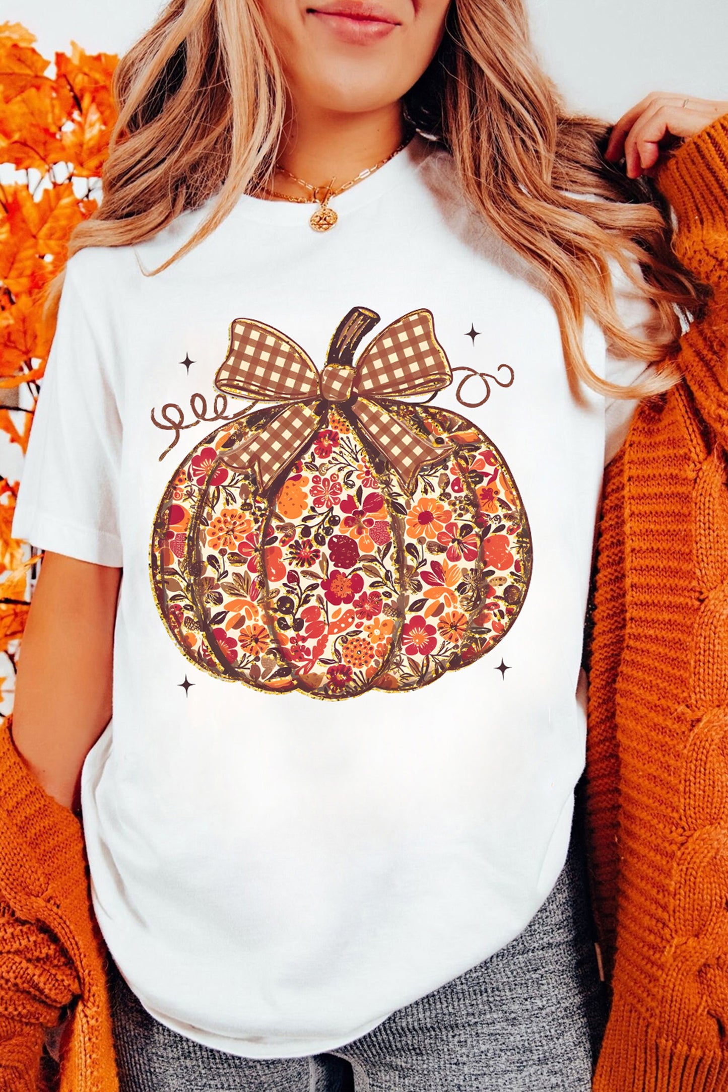 White Floral Pumpkin Print Round Neck Short Sleeve T-Shirt