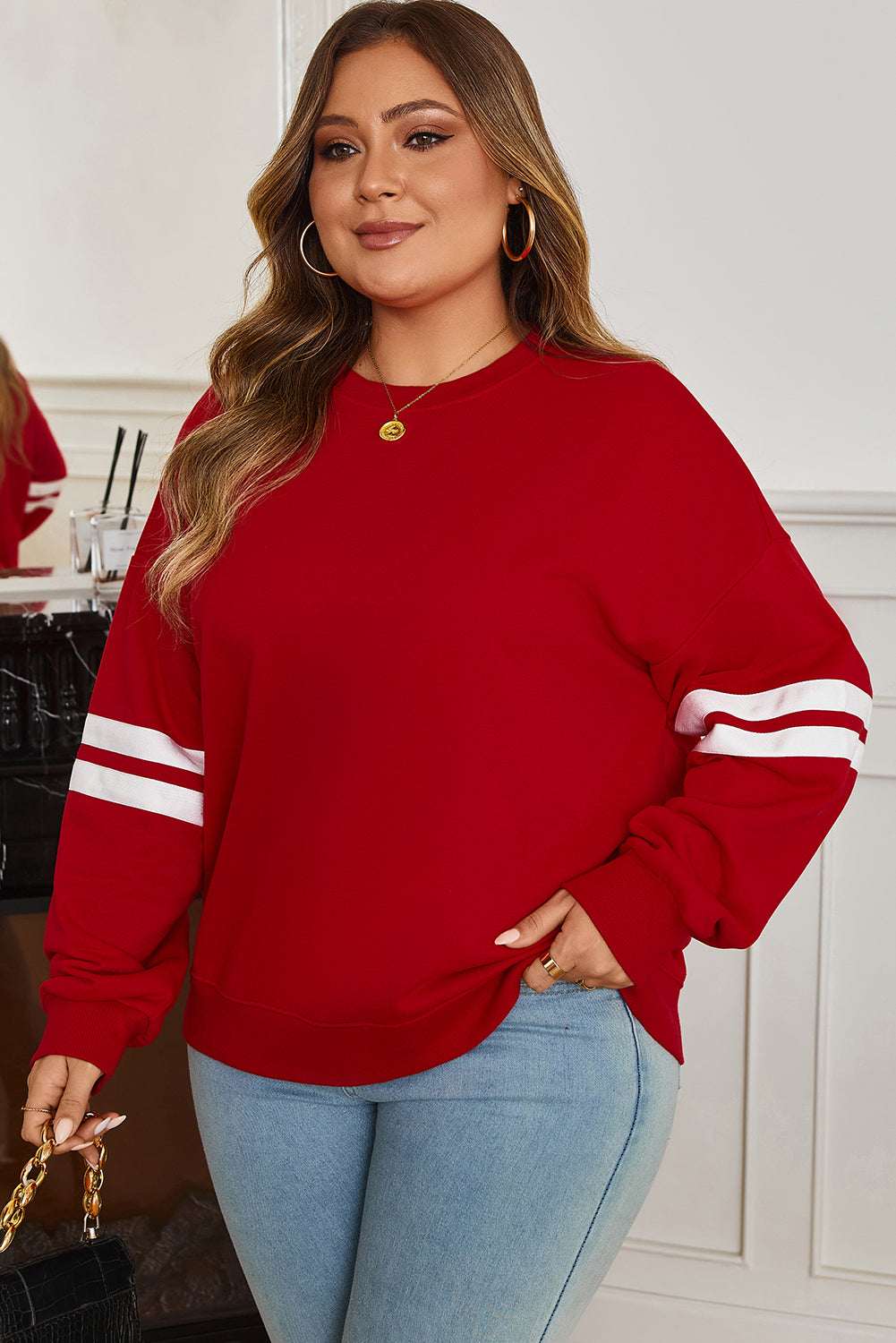 Light Grey Varsity Striped Detail Crew Neck Plus Sweatshirt-Plus Size/Plus Size Sweatshirts & Hoodies-[Adult]-[Female]-2022 Online Blue Zone Planet