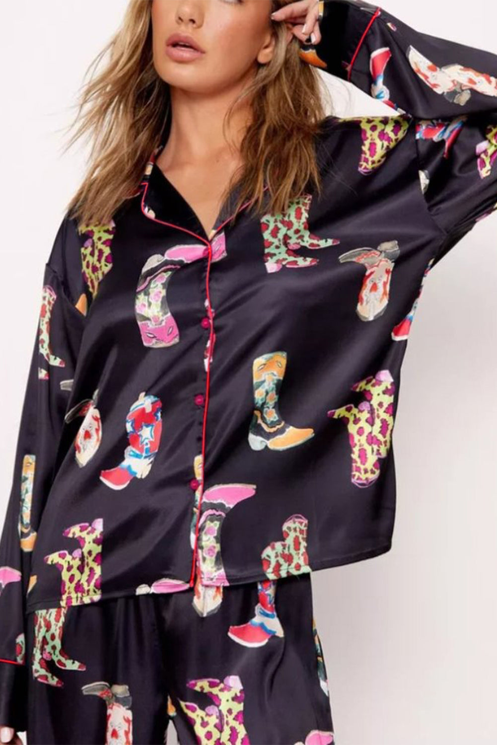 Black Western Cowgirl Boots Printed Satin Long Pajama Set-Loungewear & Sleepwear/Sleepwear-[Adult]-[Female]-2022 Online Blue Zone Planet