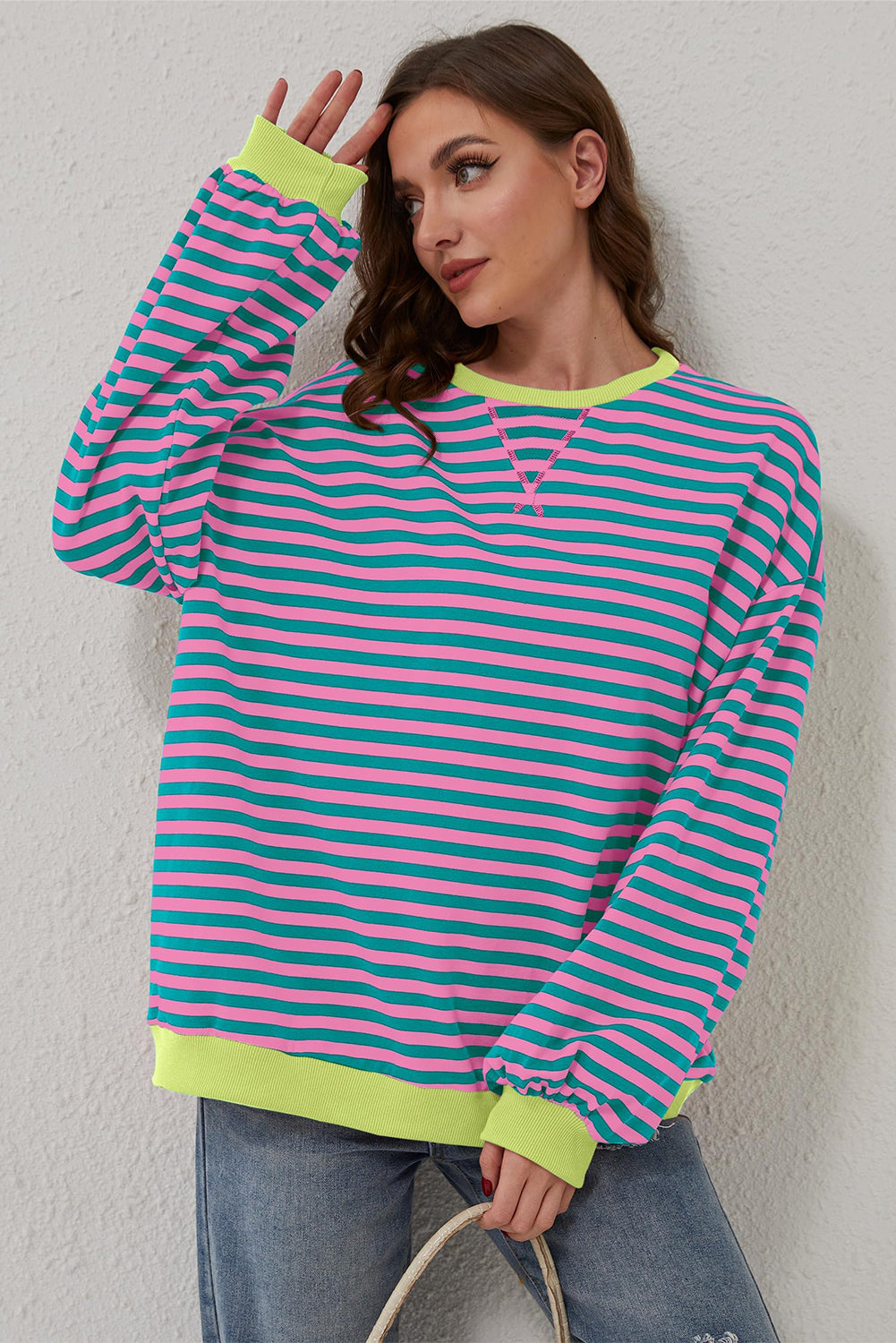 Sky Blue Stripe Oversized Contrast Trim Pullover Sweatshirt-Tops/Sweatshirts & Hoodies-[Adult]-[Female]-2022 Online Blue Zone Planet