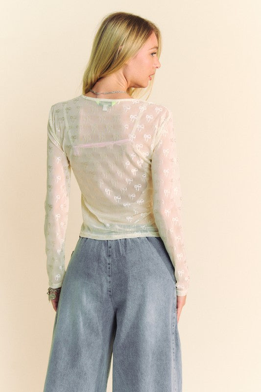Davi & Dani Bow Mesh Round Neck Long Sleeve Top-TOPS / DRESSES-[Adult]-[Female]-2022 Online Blue Zone Planet