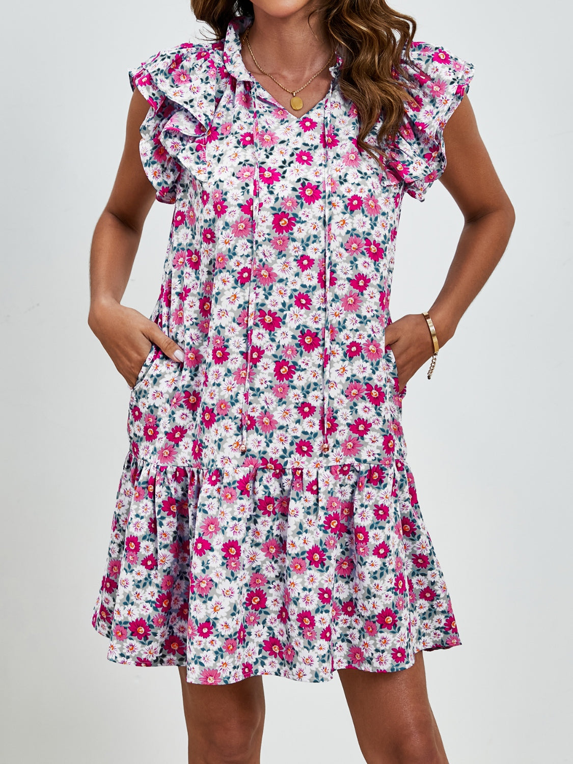 Tied Floral Cap Sleeve Mini Dress-TOPS / DRESSES-[Adult]-[Female]-2022 Online Blue Zone Planet