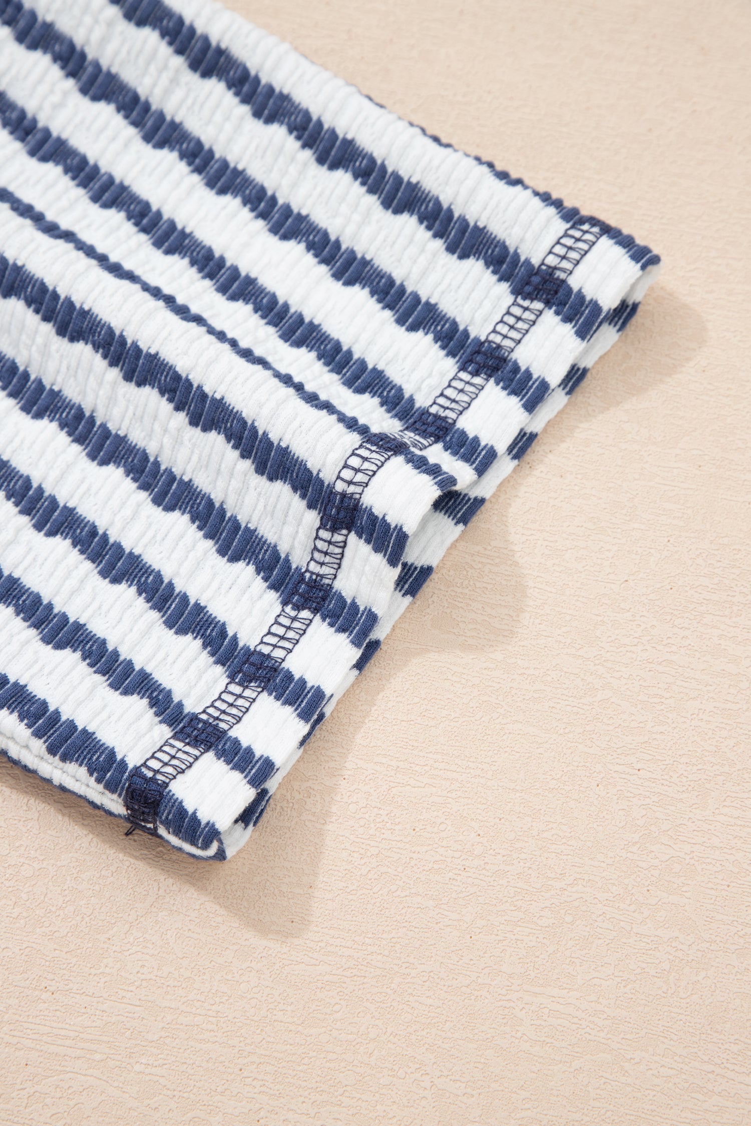 Blue Stripe Textured Knit Split Hem Half Sleeve Loose Top-Tops/Tops & Tees-[Adult]-[Female]-2022 Online Blue Zone Planet