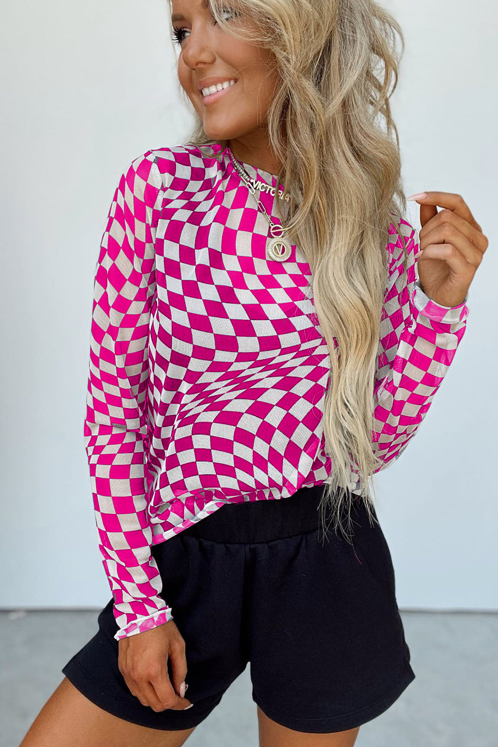 Rose Checkered Pattern Mesh Mock Neck Long Sleeve Top-Tops/Long Sleeve Tops-[Adult]-[Female]-2022 Online Blue Zone Planet