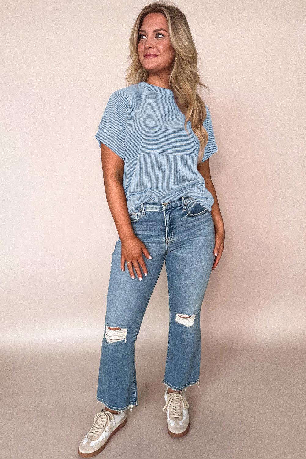 Myosotis Plain Corded Knit Mock Neck T Shirt-Tops/Tops & Tees-[Adult]-[Female]-2022 Online Blue Zone Planet