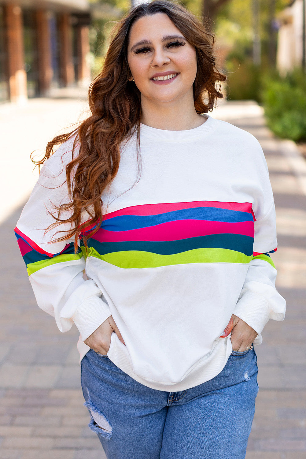 Blue Zone Planet | White Plus Size Colorful Striped Drop Shoulder Loose Sweatshirt-Plus Size/Plus Size Sweatshirts & Hoodies-[Adult]-[Female]-2022 Online Blue Zone Planet