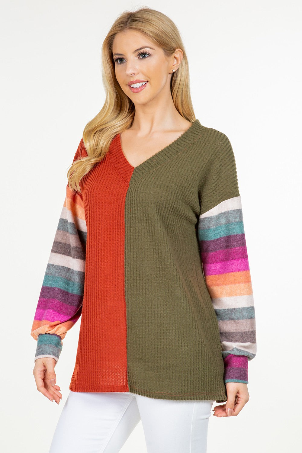 Celeste Full Size Contrast Striped V-Neck Long Sleeve Blouse-TOPS / DRESSES-[Adult]-[Female]-2022 Online Blue Zone Planet