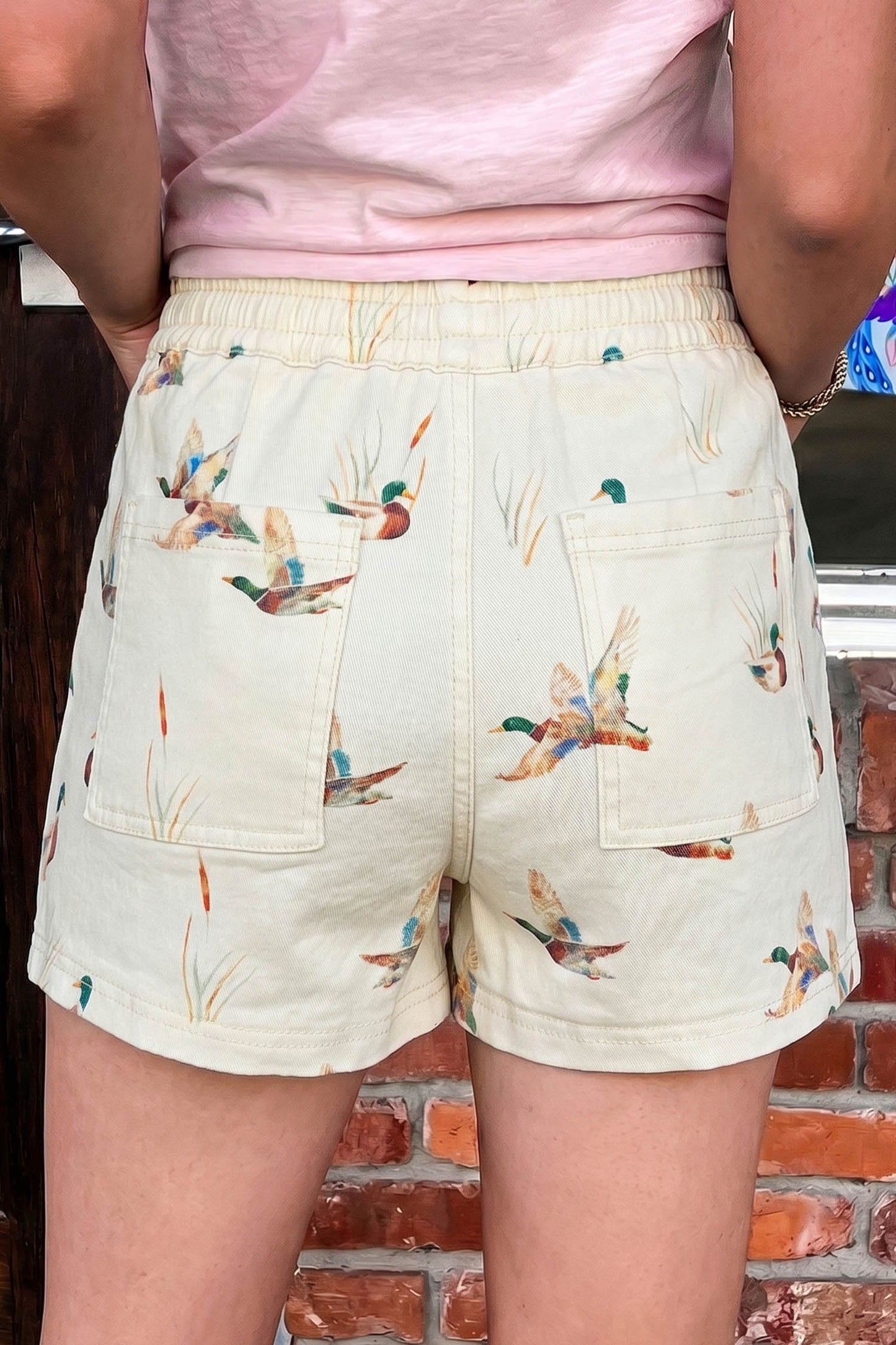 Beige Wild Duck Mallard Printed Drawstring Denim Shorts-Bottoms/Denim Shorts-[Adult]-[Female]-2022 Online Blue Zone Planet