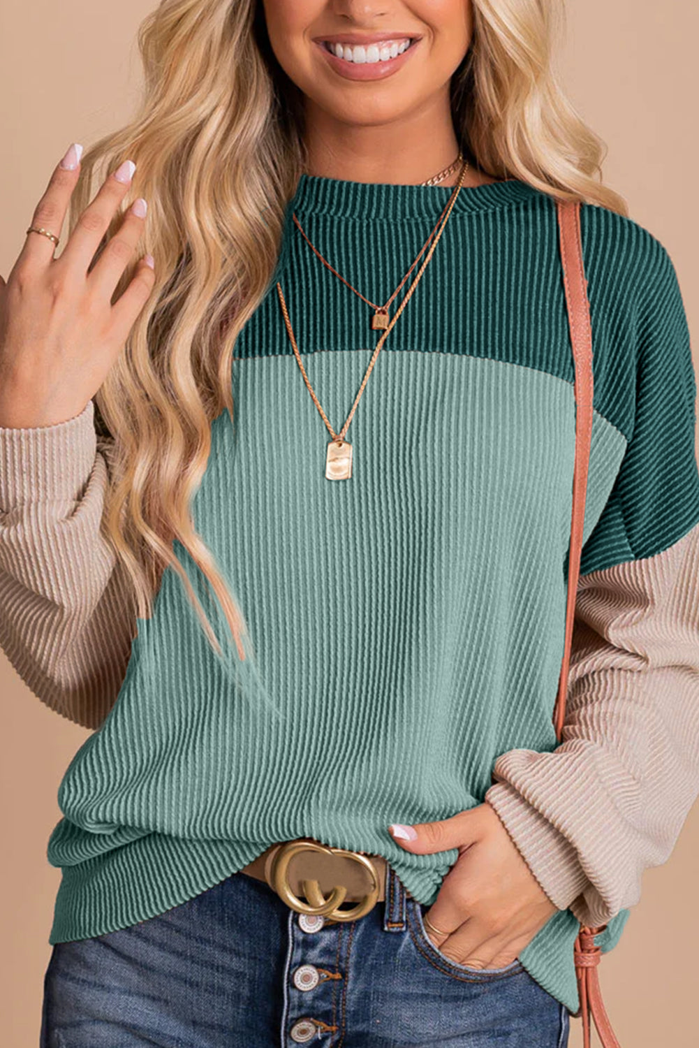 Green Color Block Long Sleeve Ribbed Loose Top-Sale (50% OFF)/30% OFF-[Adult]-[Female]-Green-2-S-2022 Online Blue Zone Planet