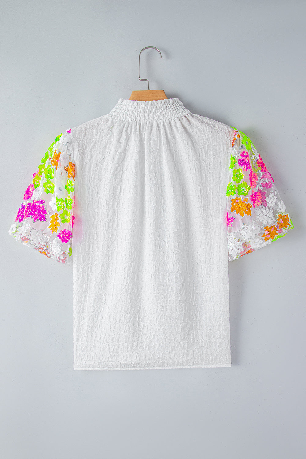 White Smocked Collar Sequin Flower Puff Sleeve Textured Top-Tops/Tops & Tees-[Adult]-[Female]-2022 Online Blue Zone Planet