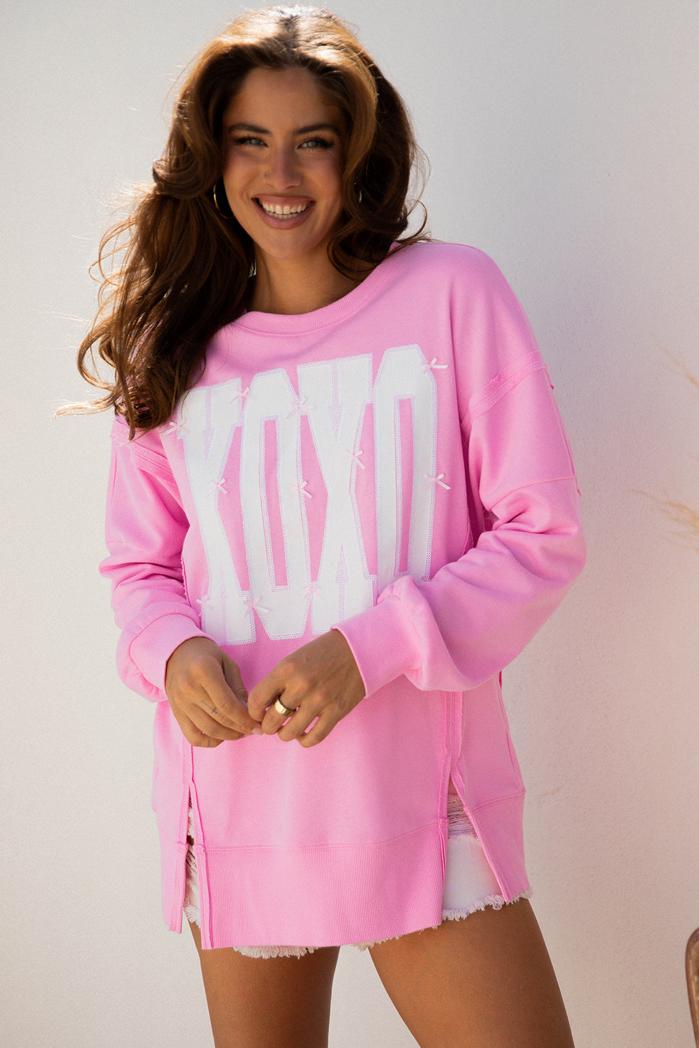 Pink Bow Sequin XOXO Letter Graphic Exposed Seam Baggy Sweatshirt-Tops/Sweatshirts & Hoodies-[Adult]-[Female]-2022 Online Blue Zone Planet