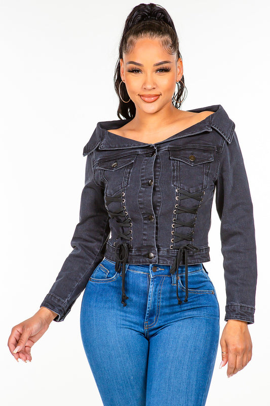 American Bazi Off Shoulder Lace Up Denim Jacket-TOPS / DRESSES-[Adult]-[Female]-Black-S-2022 Online Blue Zone Planet